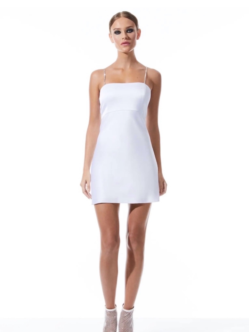 Alice + Olivia White Strapless Mini satin Dress with Straps( broken). Size 0